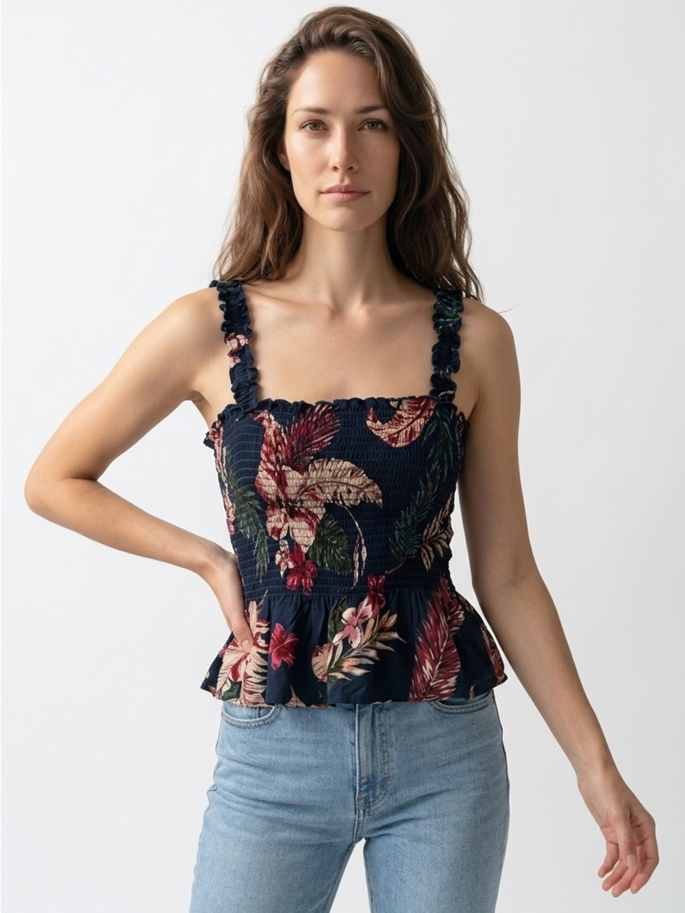 Patrons of Peace Jade Crop Top Women Small Peplum Tropical Smocked
